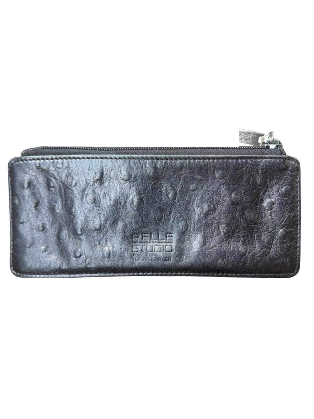 Vintage Wilsons Leather Pelle Studio Black Ostrich Embossed Wallet Pouch Purse